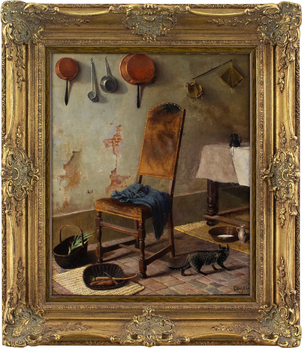 19th-Century German School, Kitchen Interior With Cat - Antique Oil Painting 