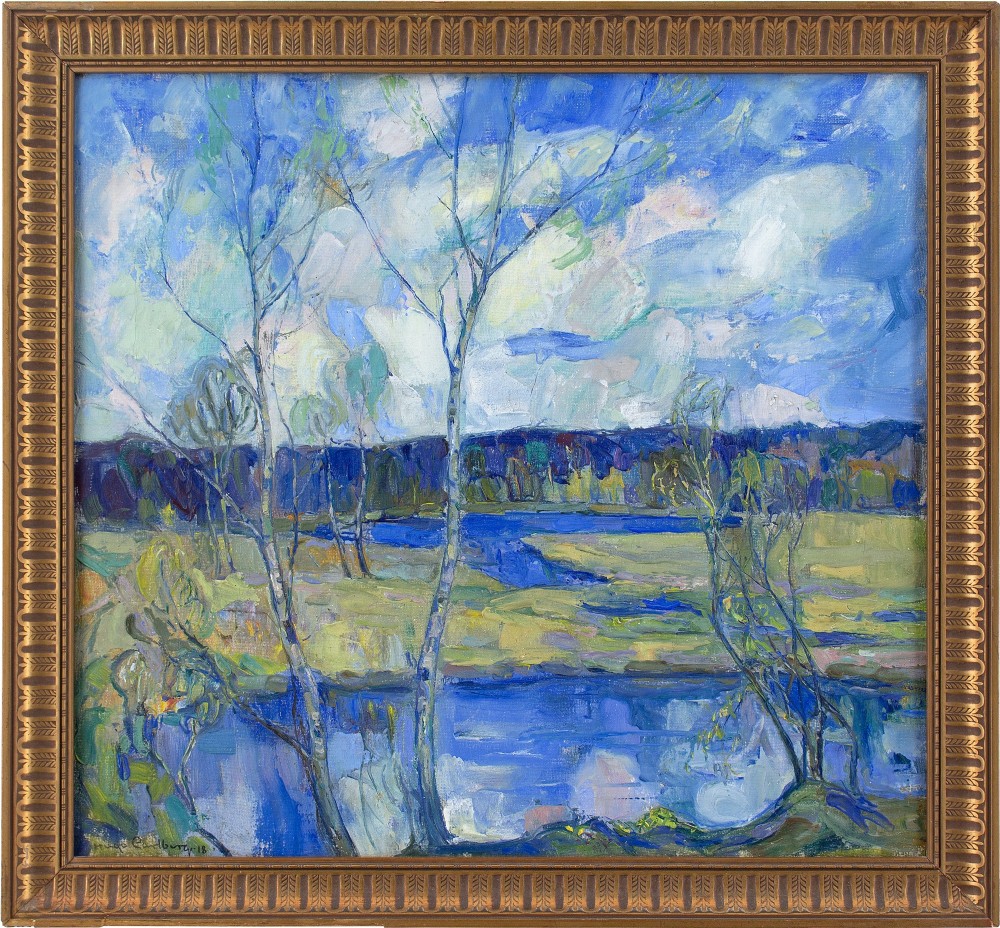 Hugo Carlberg, Landscape With Lake & Birch Trees - Antique Oil Painting 