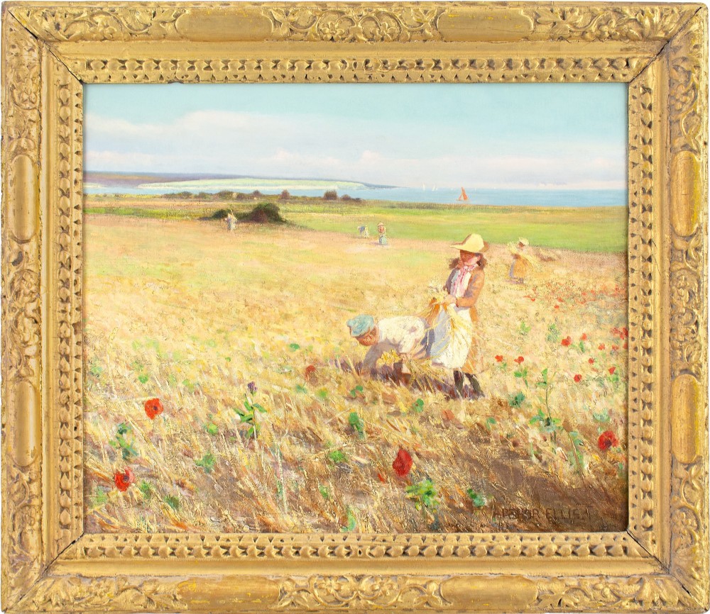 Arthur Ellis, Children In A Cornfield - Antique Oil Painting 