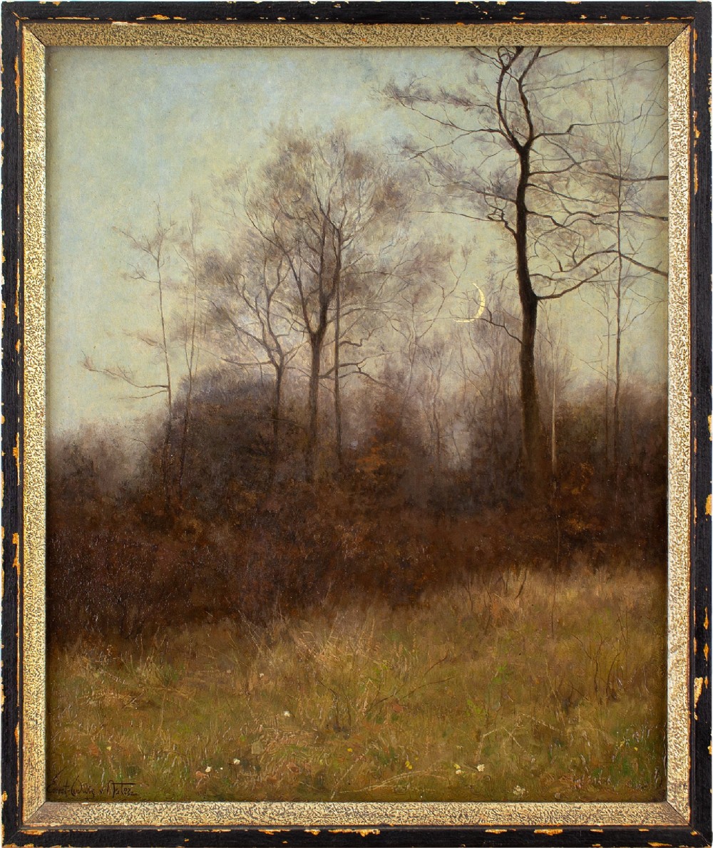 Ernst Ludwig Von Aster, Autumn Landscape With Crescent Moon - Antique Oil Painting