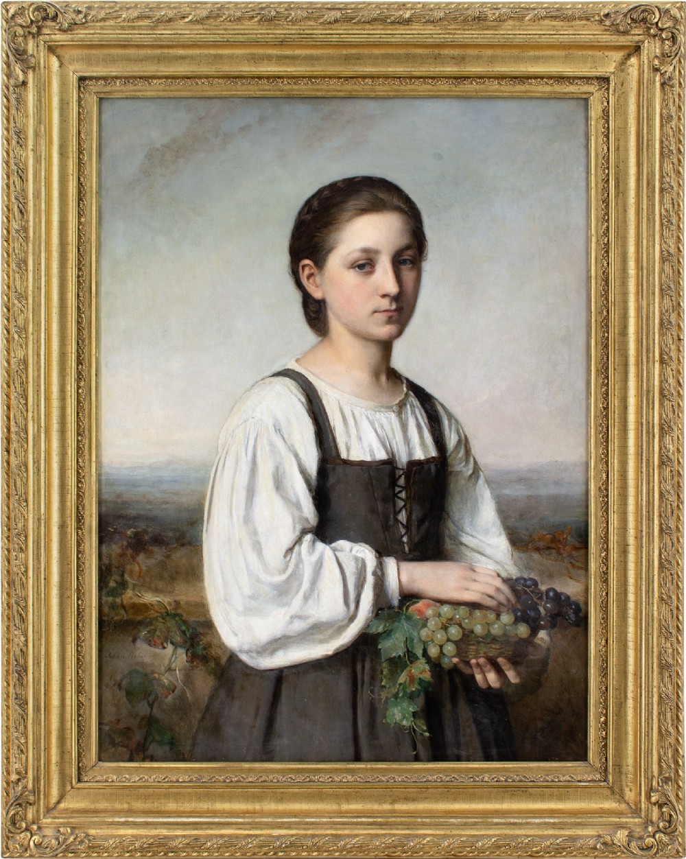Sophie Ribbing, Portrait Of An Italian Girl Holding A Basket Of Grapes - Antique Oil Painting 