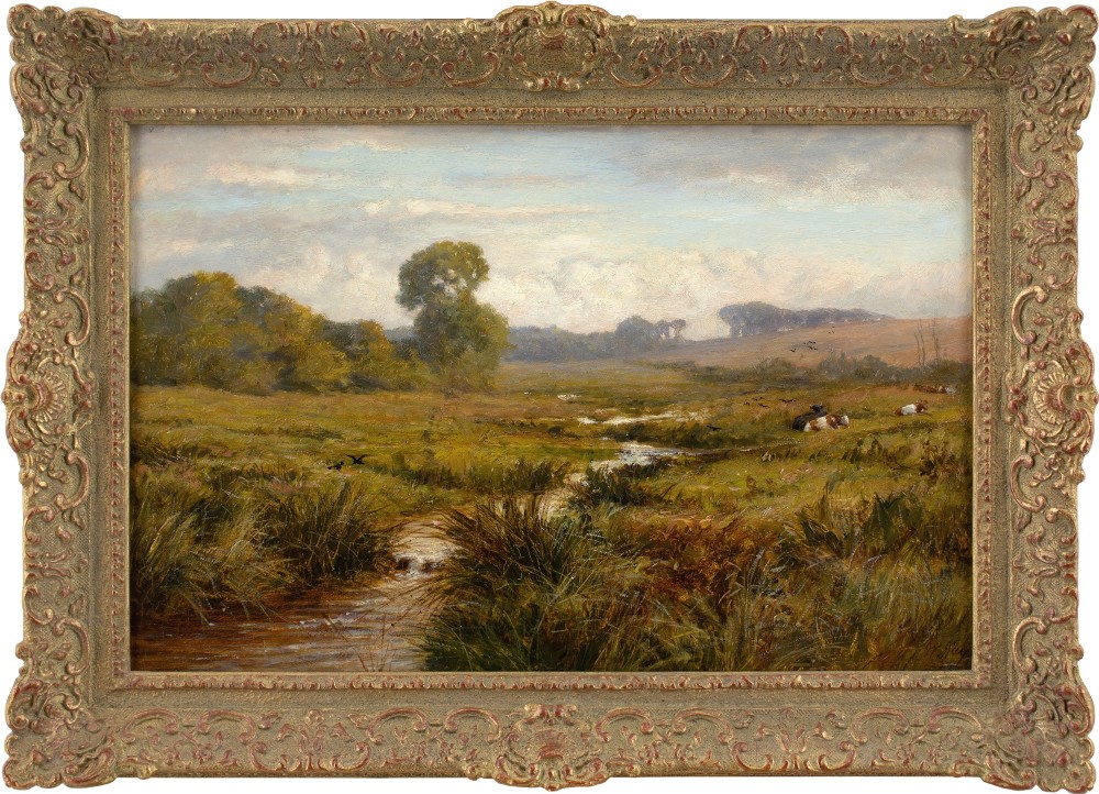 William Samuel Jay RBA, Landscape With Stream & Cattle - Antiqie Oil Painting