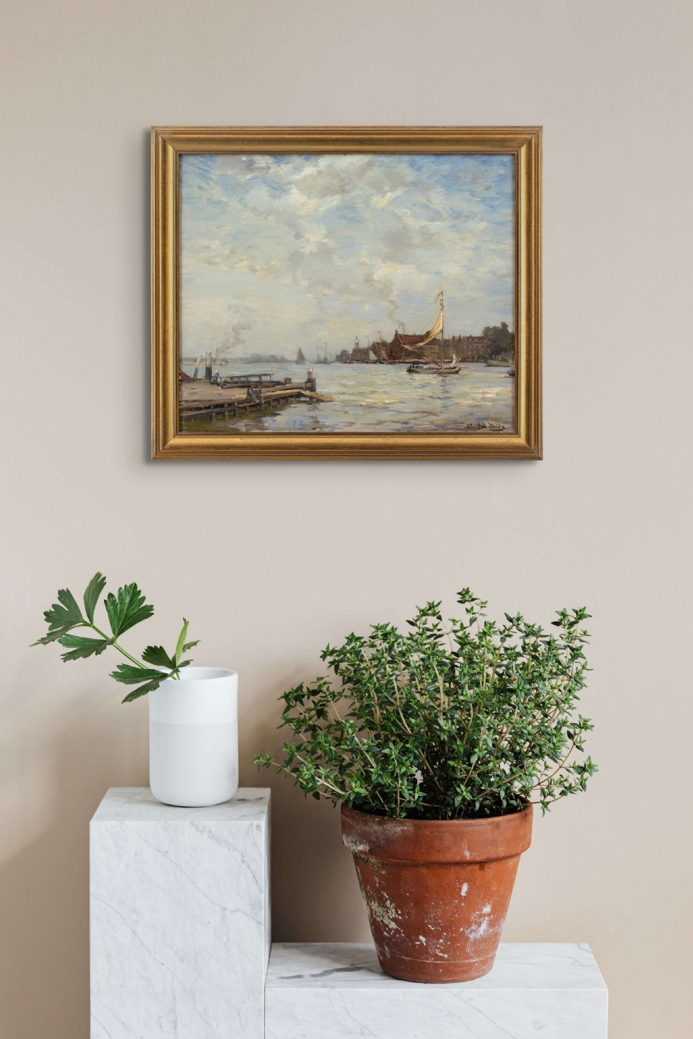 James Campbell Noble RSA, Harbour With Sailboat & Figures - Antique Oil Painting  View III