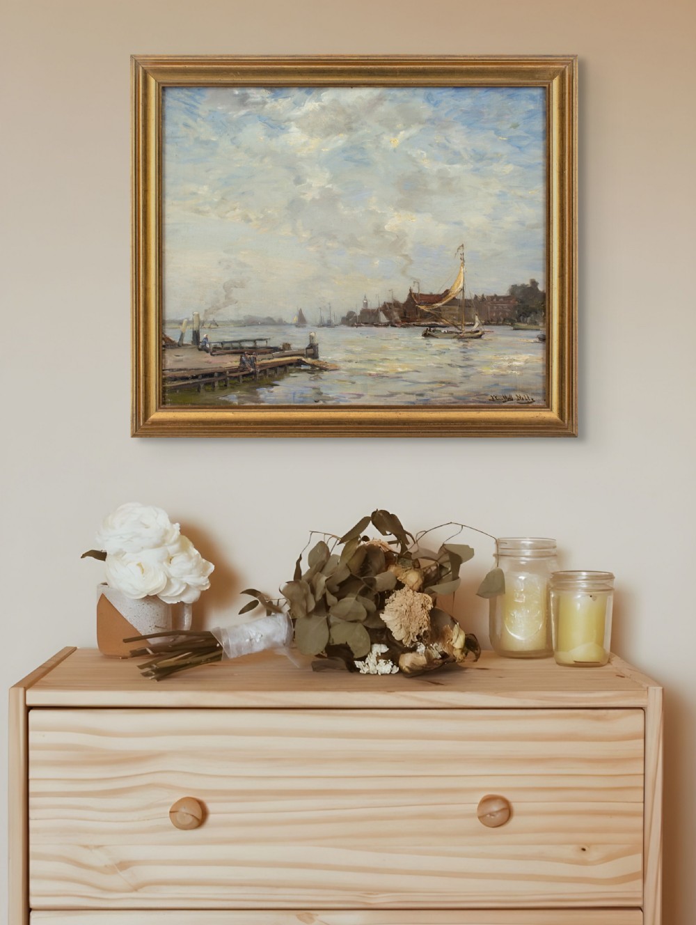 James Campbell Noble RSA, Harbour With Sailboat & Figures - Antique Oil Painting  View IV