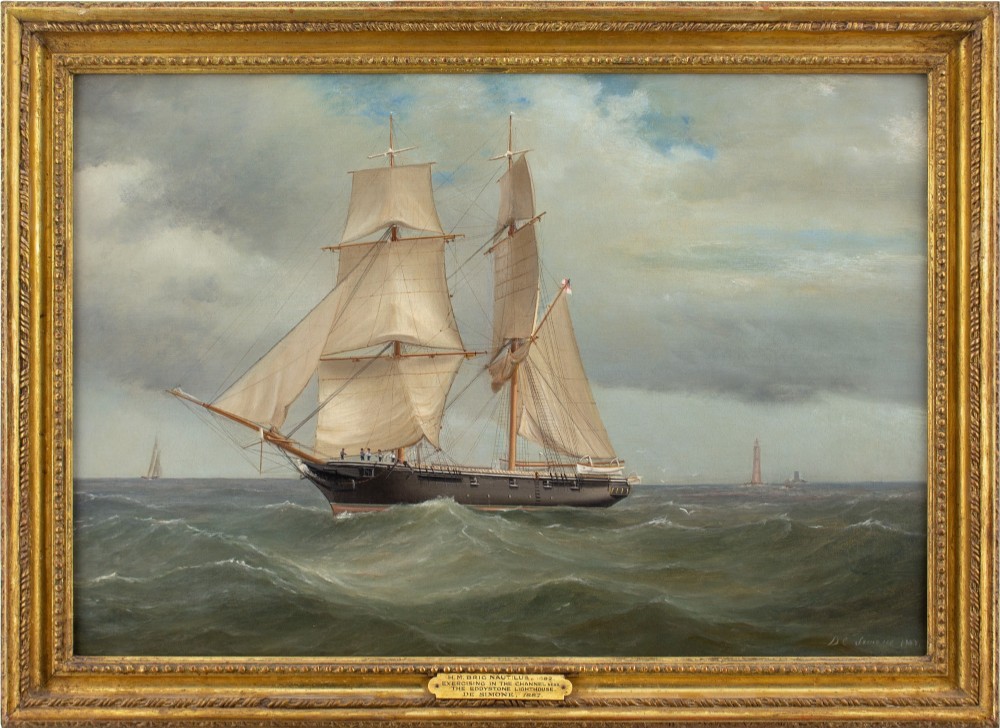Tommaso De Simone, HM Brig Nautilus Exercising In The Channel Near The Eddystone Lighthouse - Antique Oil Painting 