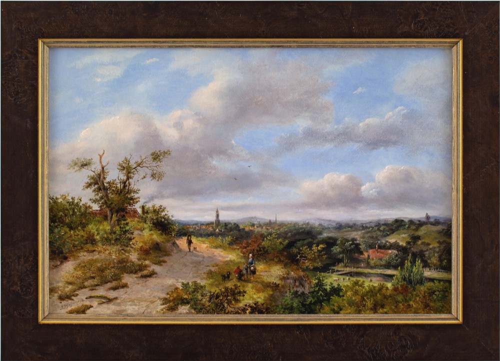 Johannes Philippus Galjaard, Figures On A Rural Track With Town Beyond, Antique Oil Painting 