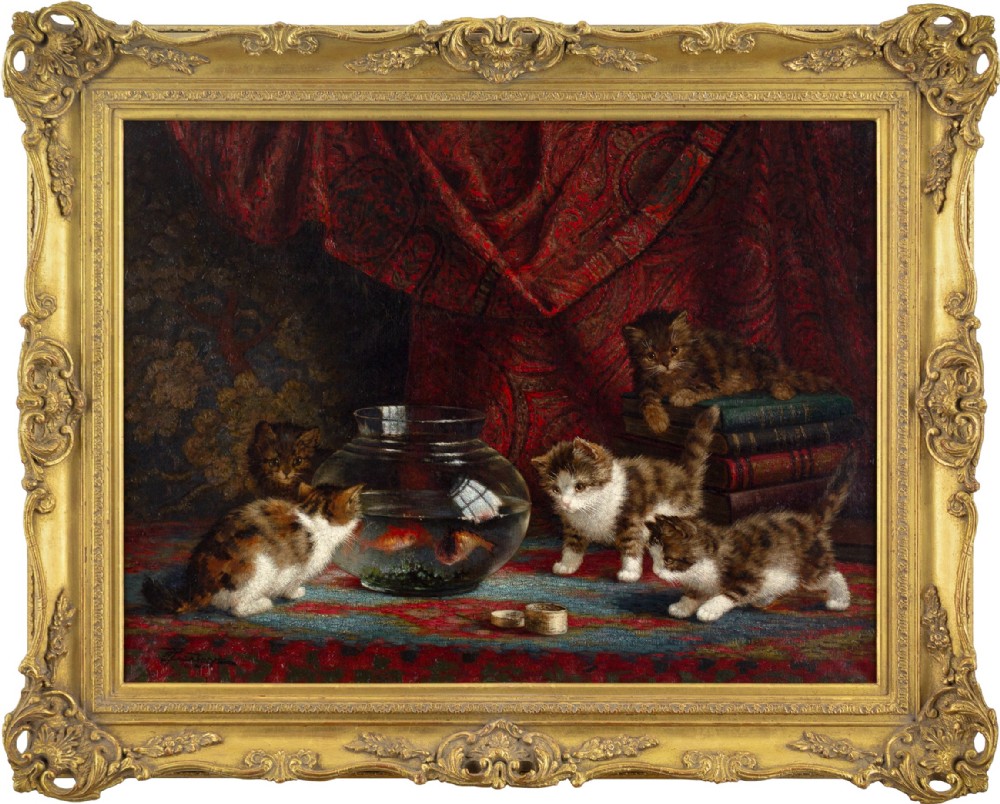 oil Painting Cornelis Raaphorst, Interior With Kittens & Fish Bowl - Antique Oil Painting 
