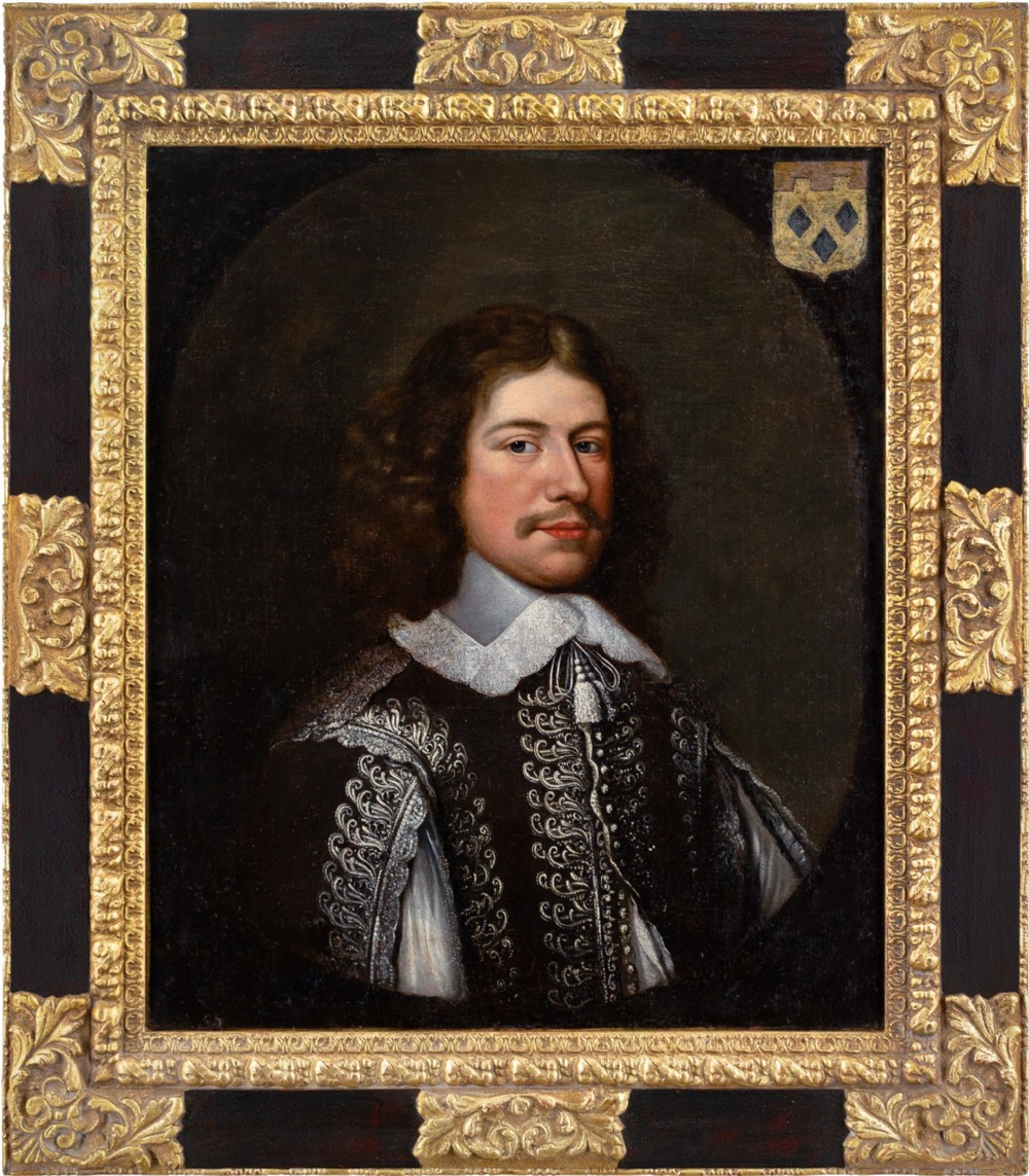 An antique oil painting depicting a 17th-century gentleman with a lace collar set within a dark background and framed by an ornate gilt and ebonised border.