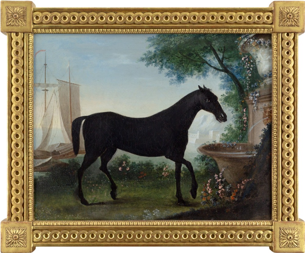 Early 19th-Century German School, Portrait Of A Black Horse In An Arcadian Landscape - Antique Oil Painting