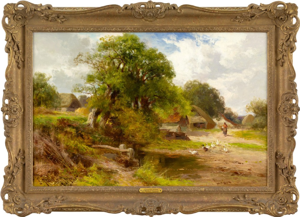 An antique Victorian landscape oil painting depicting a rural Sussex countryside scene with cottages and ducks, set within an ornate gilded frame.