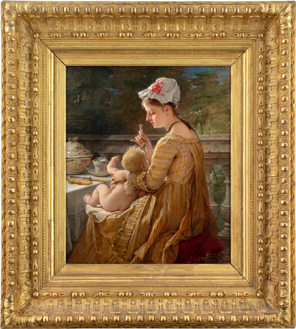 A 19th-century oil painting depicting a woman seated on a terrace feeding an infant child, enclosed in an ornate gilded frame.