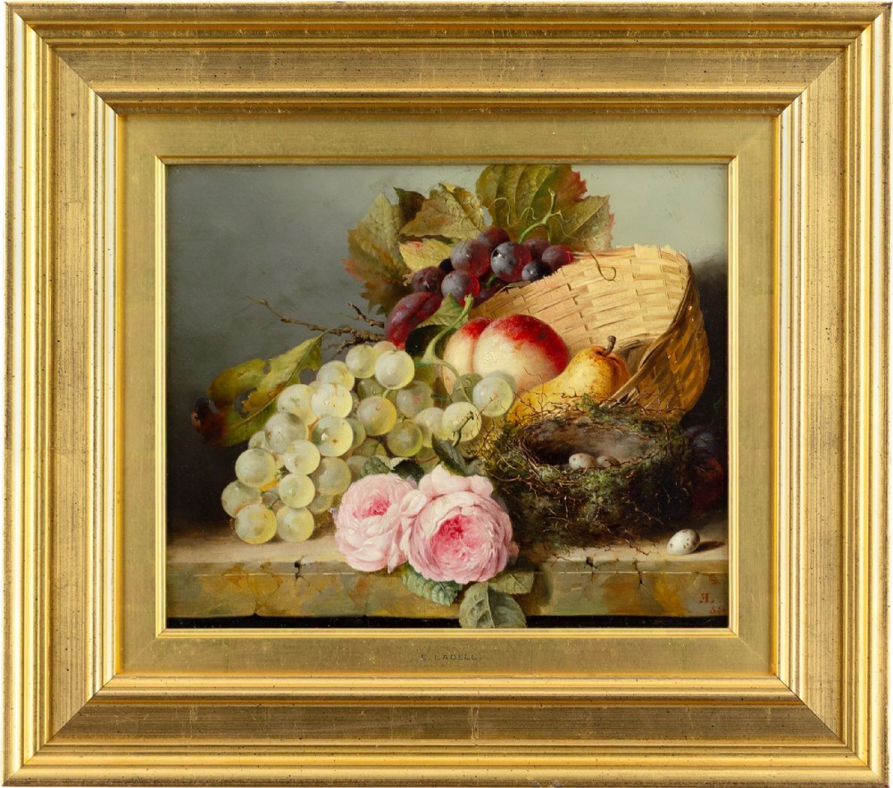 A Victorian still life oil painting depicting grapes, peaches, roses, and a birds nest in a gilded frame.