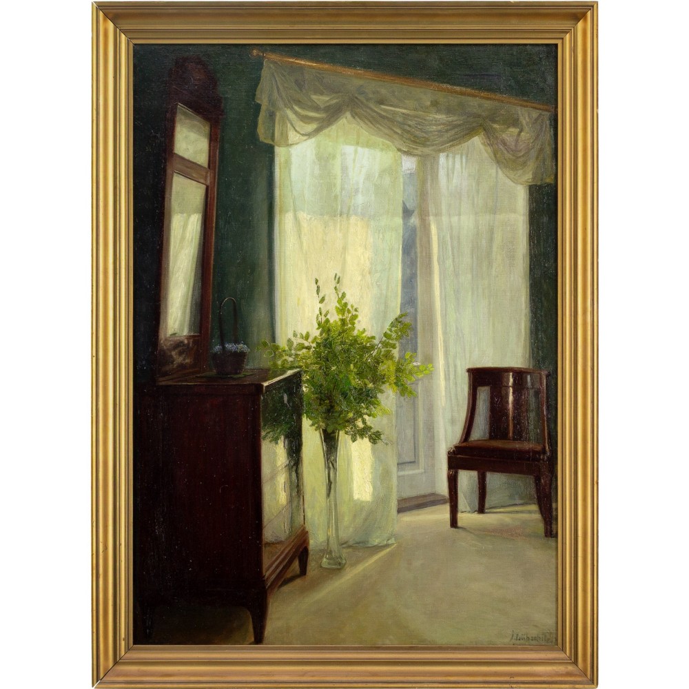 An antique oil painting in a gilded frame depicting a sunlit domestic interior with green walls, mahogany furniture, a vase of foliage, and draped sheer curtains.