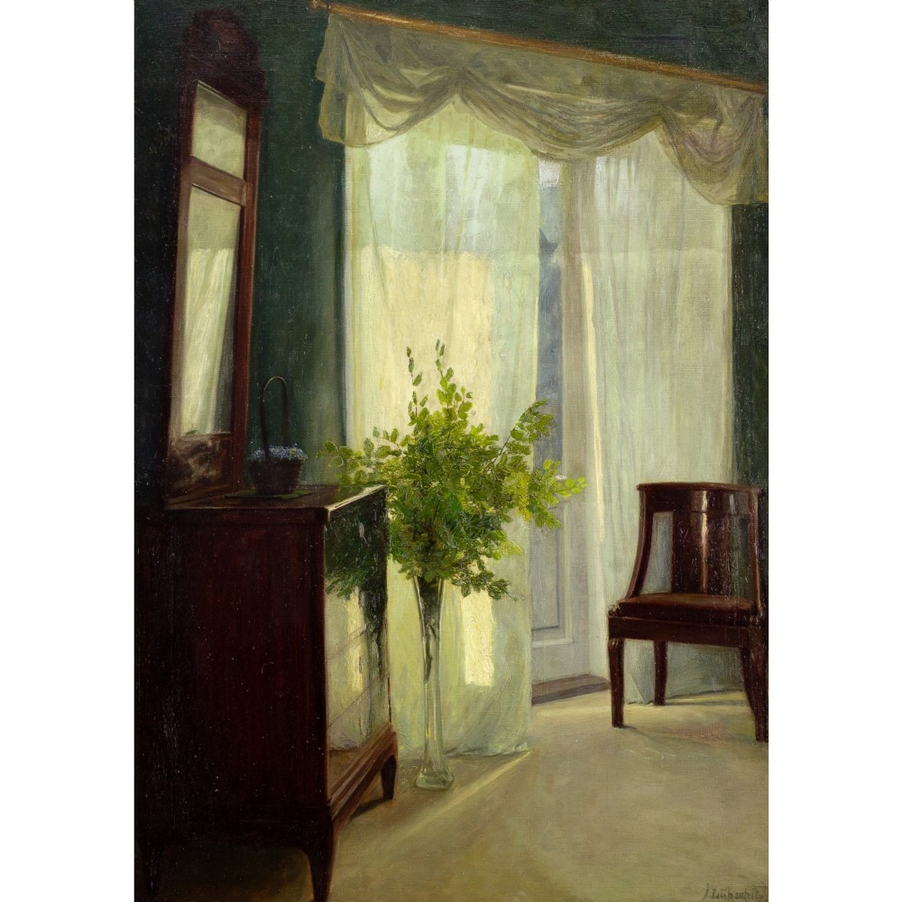 An antique oil painting in a gilded frame depicting a sunlit domestic interior with green walls, mahogany furniture, a vase of foliage, and draped sheer curtains. View II
