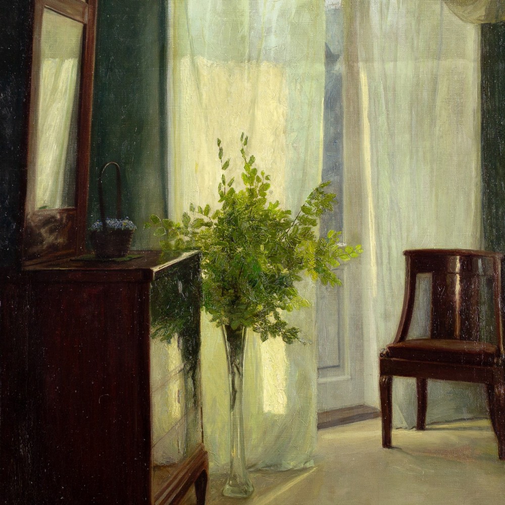 An antique oil painting in a gilded frame depicting a sunlit domestic interior with green walls, mahogany furniture, a vase of foliage, and draped sheer curtains. View III