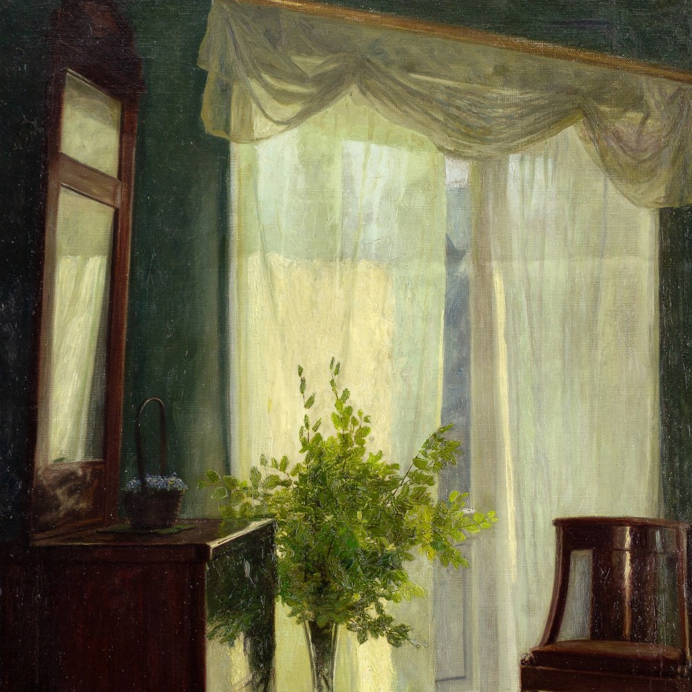An antique oil painting in a gilded frame depicting a sunlit domestic interior with green walls, mahogany furniture, a vase of foliage, and draped sheer curtains. View IV