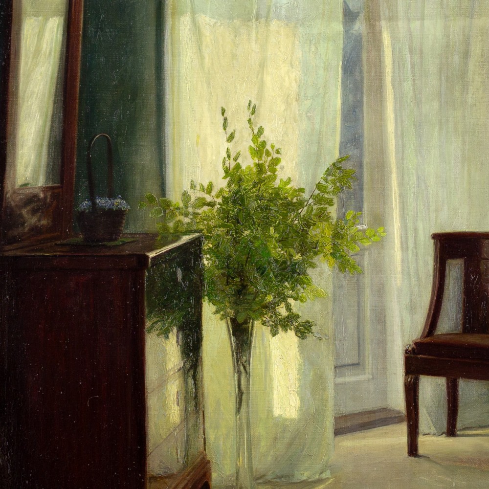 An antique oil painting in a gilded frame depicting a sunlit domestic interior with green walls, mahogany furniture, a vase of foliage, and draped sheer curtains. View V