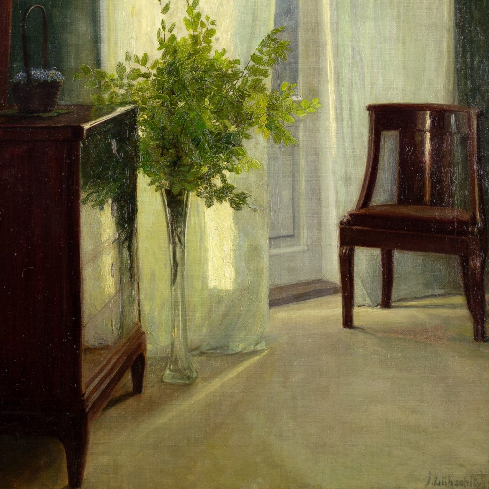 An antique oil painting in a gilded frame depicting a sunlit domestic interior with green walls, mahogany furniture, a vase of foliage, and draped sheer curtains. View VI