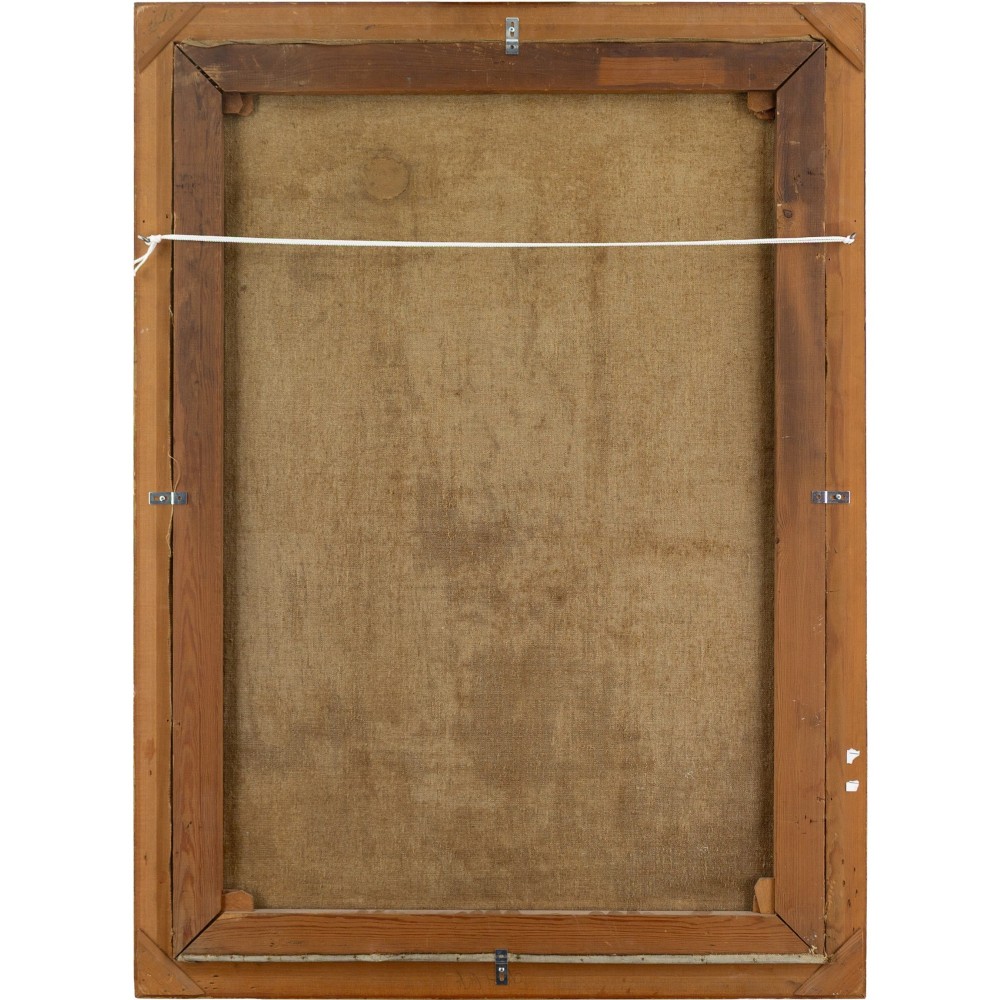 An antique oil painting in a gilded frame depicting a sunlit domestic interior with green walls, mahogany furniture, a vase of foliage, and draped sheer curtains. View VII
