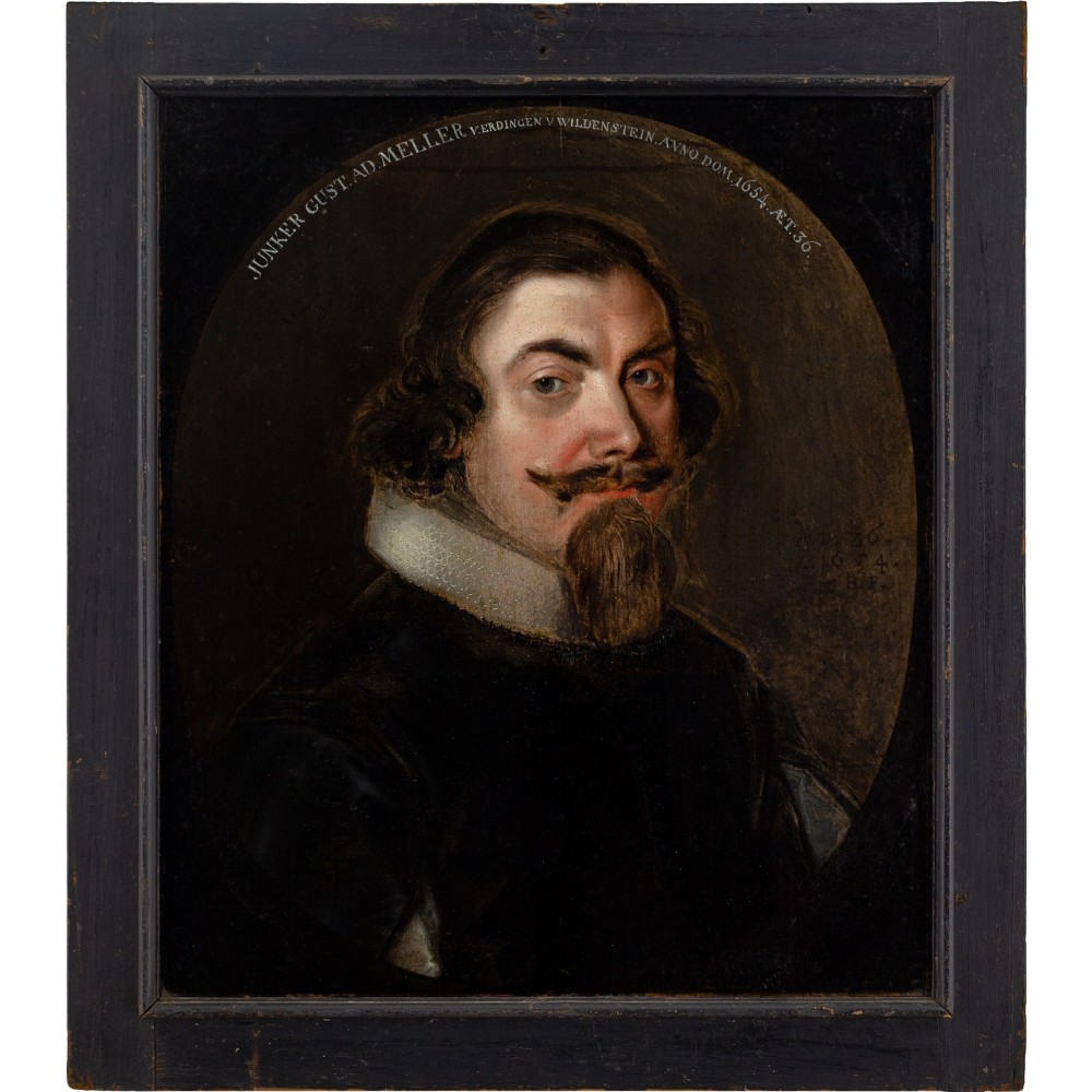 A 17th-century oil portrait depicting a gentleman with a pointed beard and white collar set within a painted oval spandrel and dark wooden frame.