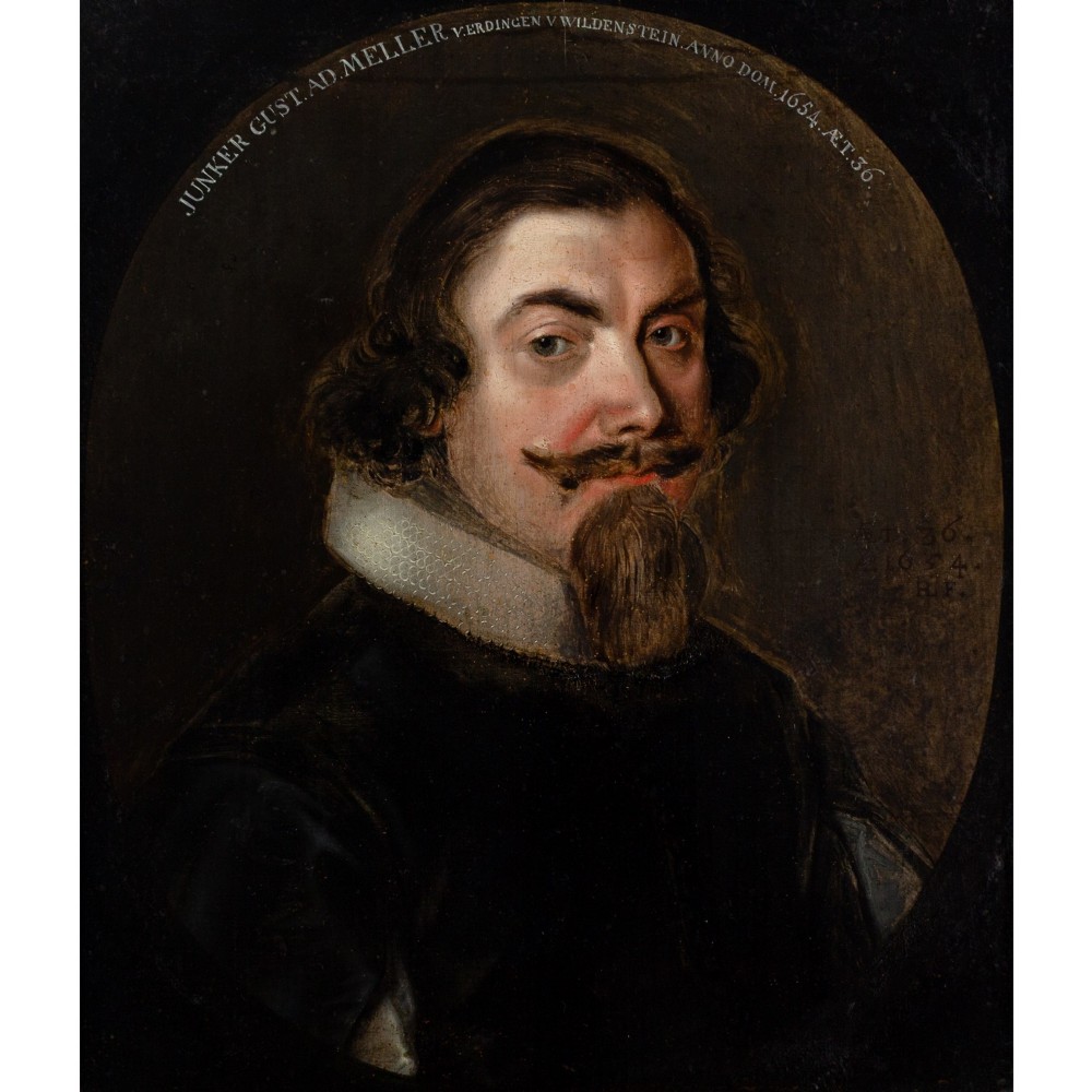 A 17th-century oil portrait depicting a gentleman with a pointed beard and white collar set within a painted oval spandrel and dark wooden frame. View II