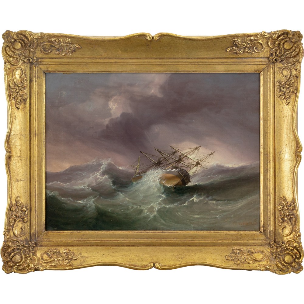 James George Philp RI ROI, H.M.S. Andromeda In The Bay Of Biscay - Antique Oil Painting