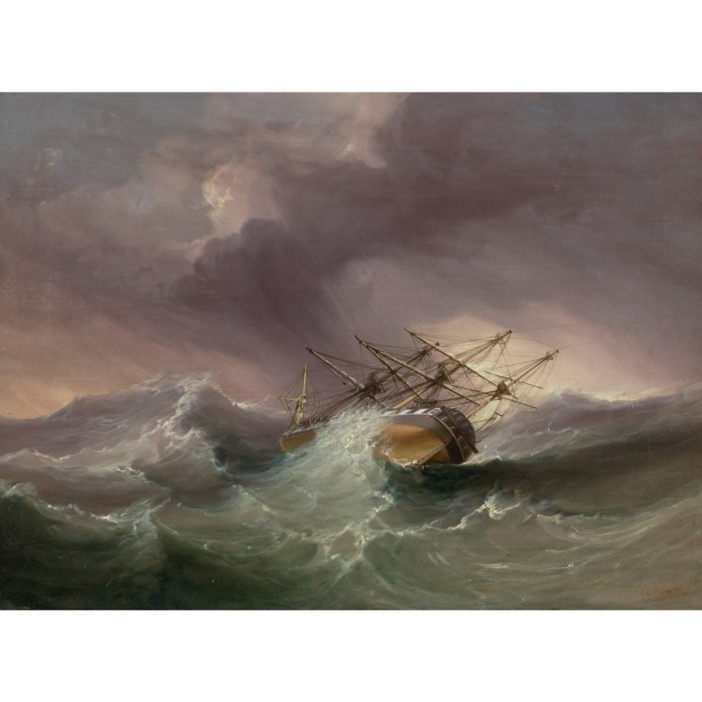 James George Philp RI ROI, H.M.S. Andromeda In The Bay Of Biscay - Antique Oil Painting View II