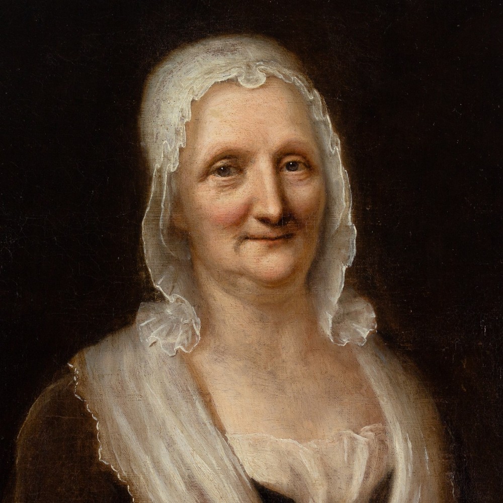 An eighteenth-century oil portrait of an elderly woman wearing a lace bonnet and dark gown, set within a black and gilt wooden frame. View III