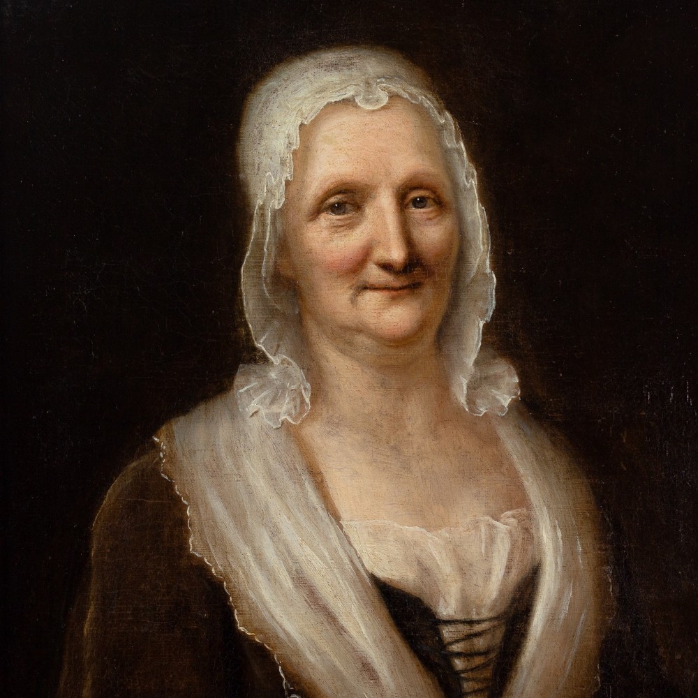 An eighteenth-century oil portrait of an elderly woman wearing a lace bonnet and dark gown, set within a black and gilt wooden frame. View VI