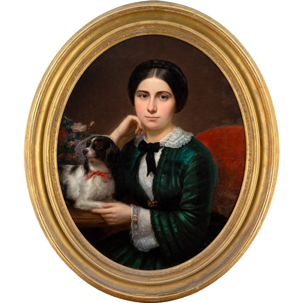 Mid-19th-Century French School, Portrait Of A Young Woman With Her Dog - Antique Oil Painting 