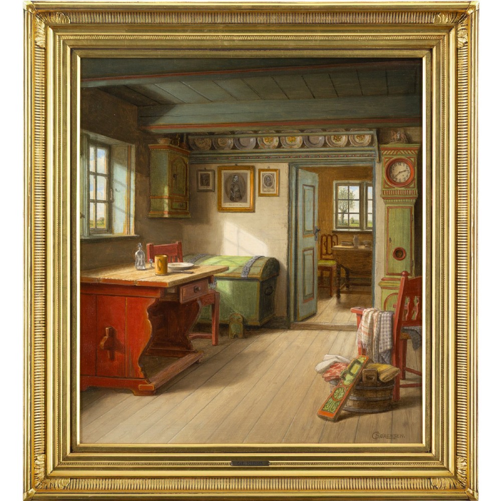 Framed oil painting depicting a sunlit Scandinavian rustic room with traditional painted furniture and a view into an adjacent room.