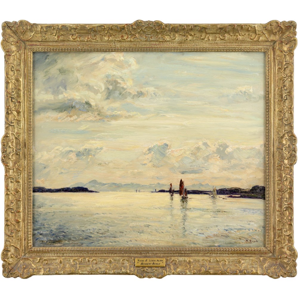 An impressionist oil painting depicting sailboats on calm waters at Kyle of Lochalsh, encased in an ornate swept giltwood frame.