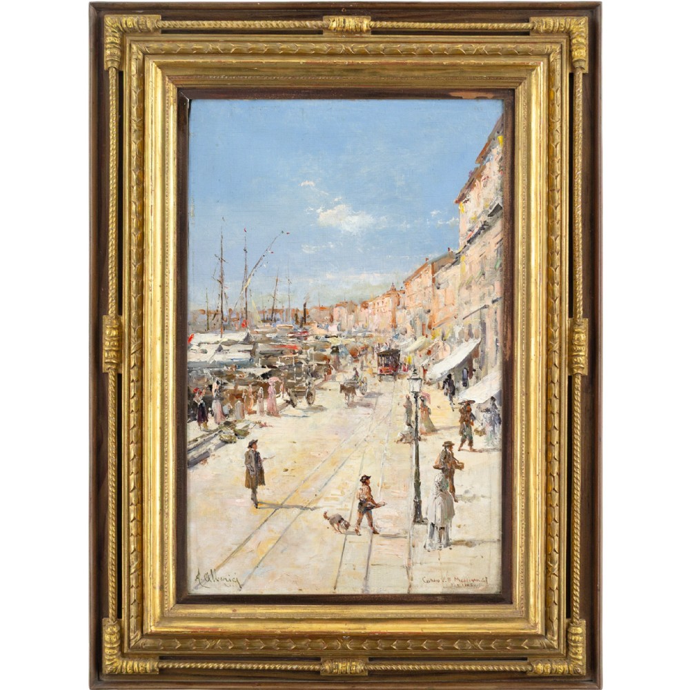 Augusto Alberici, Corso Vittorio Emanuele, Messina, Sicily - Antique Oil Painting 