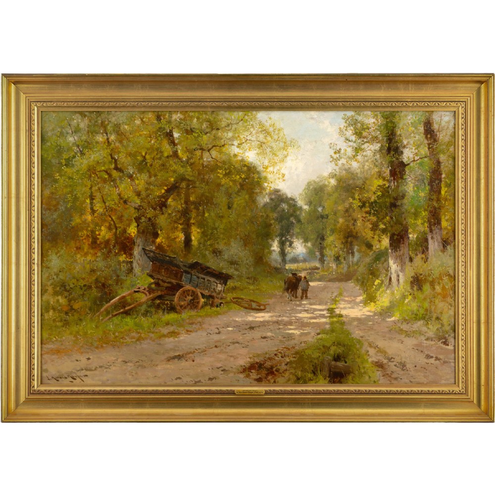A framed nineteenth-century oil painting depicting a dirt country road lined with trees, a horse-drawn cart, and figures under a light cloudy sky.