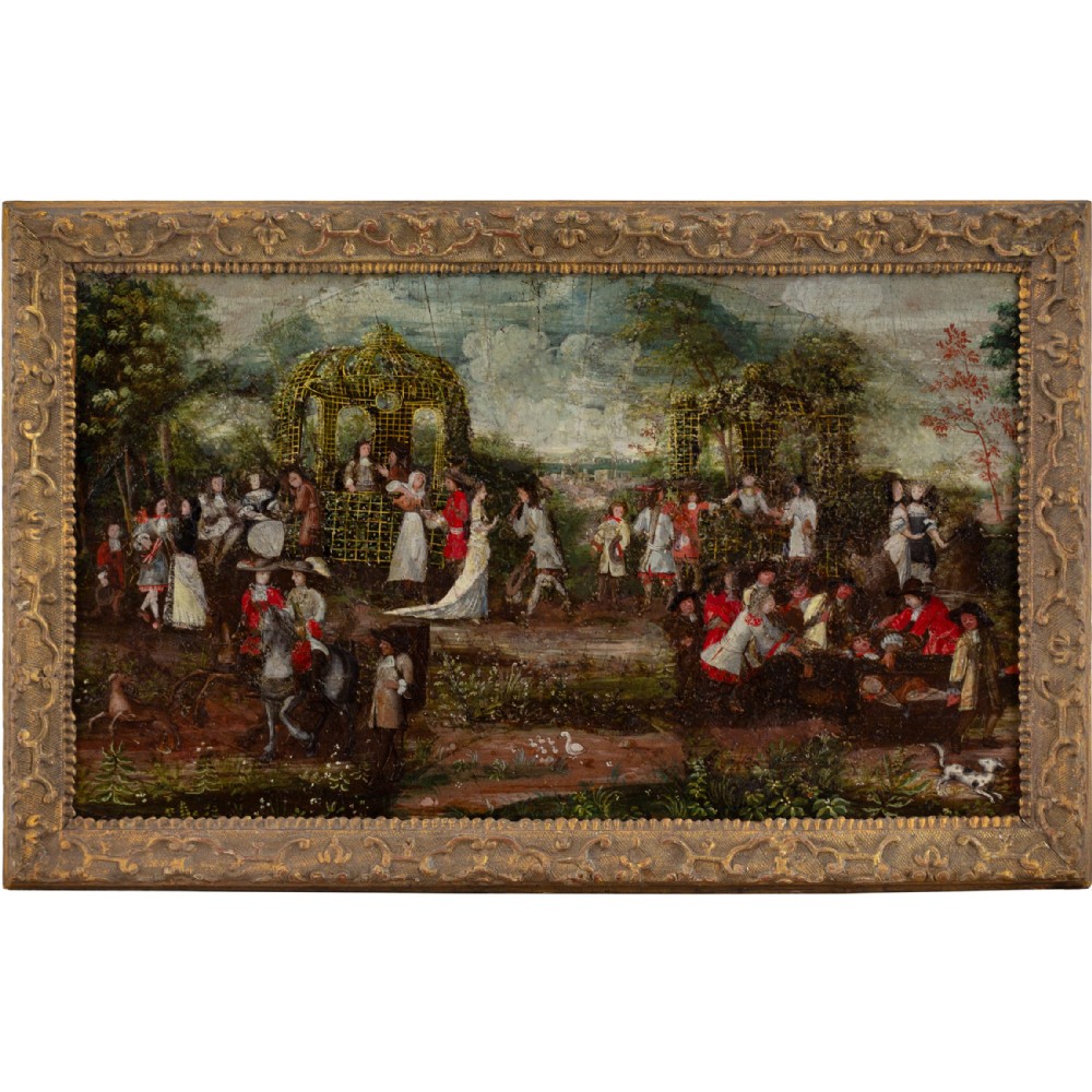 Late 17th-Century Flemish School, A Garden Of Love: Extended Fan Leaf - Antique Oil Painting