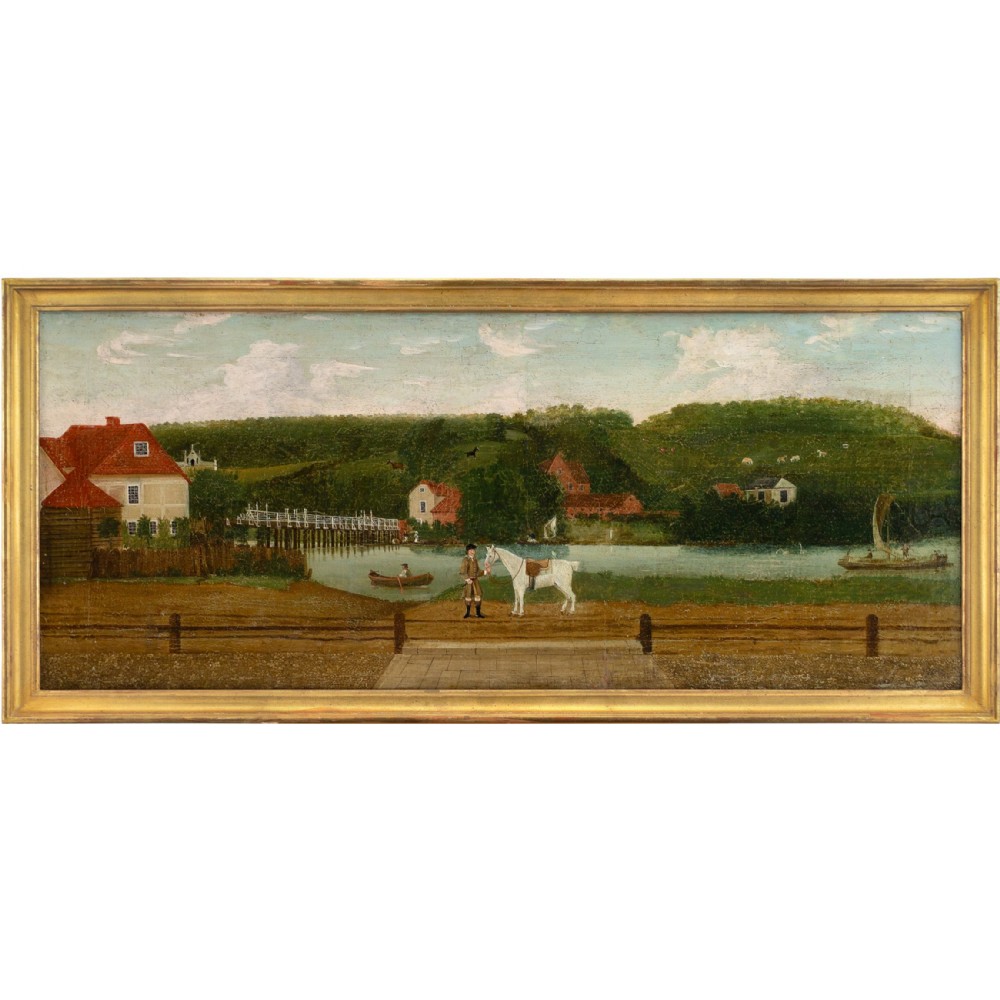 A panoramic early 19th-century English oil painting depicting a gentleman with a white horse beside a river estate, housed in a narrow gilt frame.