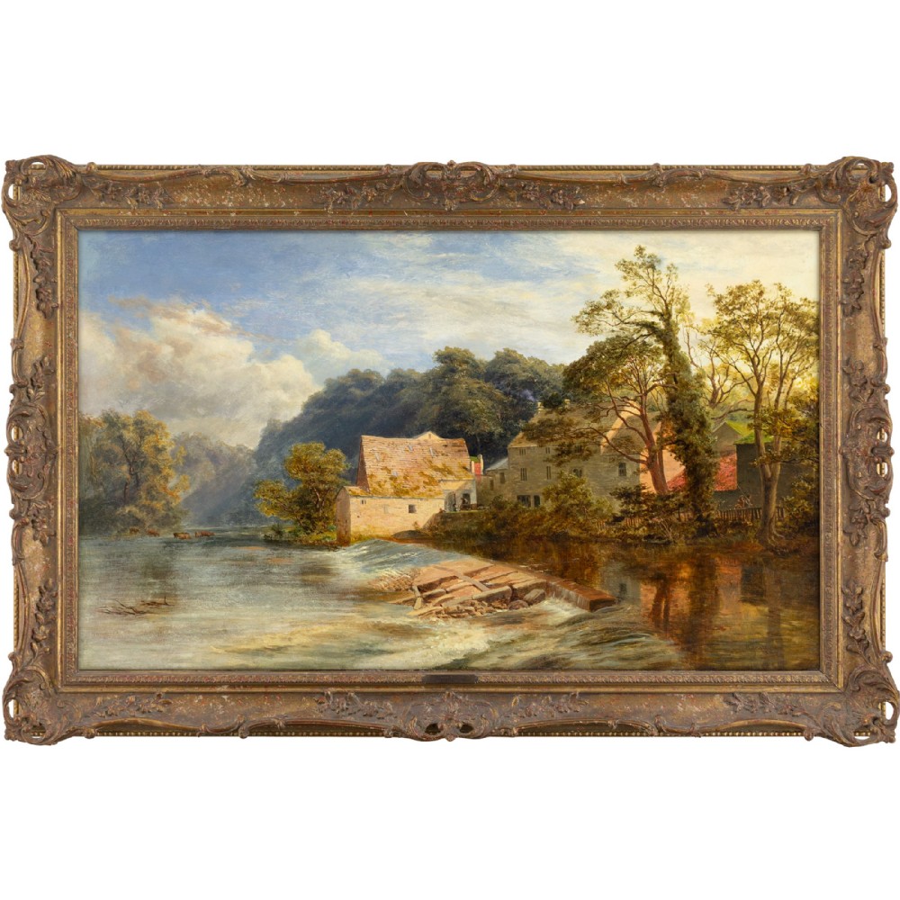 A 19th-century oil painting depicting Killinghall Mill in Yorkshire beside a river weir, set within an ornate gilded frame.