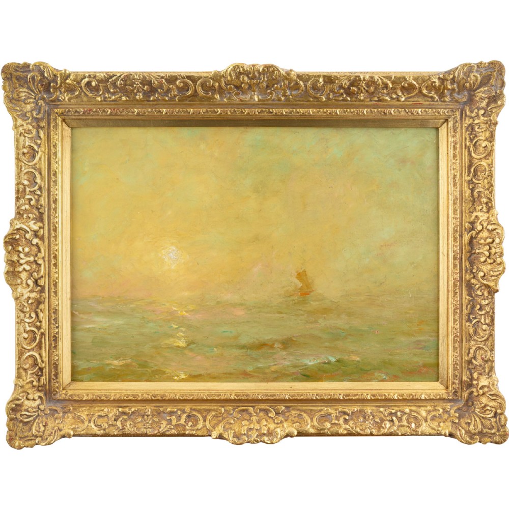 An antique impressionist oil painting depicting a hazy yellow sunset over a calm sea with a faint sailing vessel, housed within an ornate carved gilt frame.