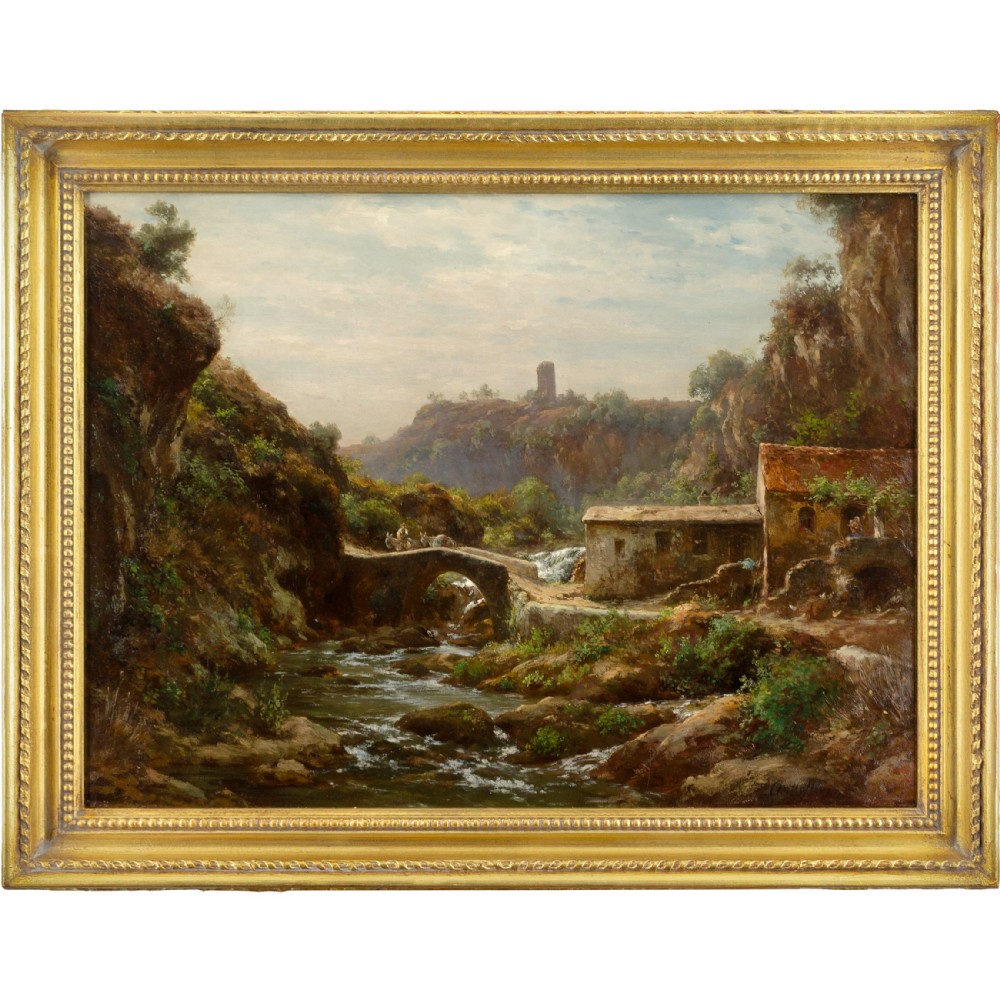 A 19th-century oil painting on canvas depicting a rural Italian river landscape with an arched stone bridge and travellers, enclosed within a beaded gold leaf frame.