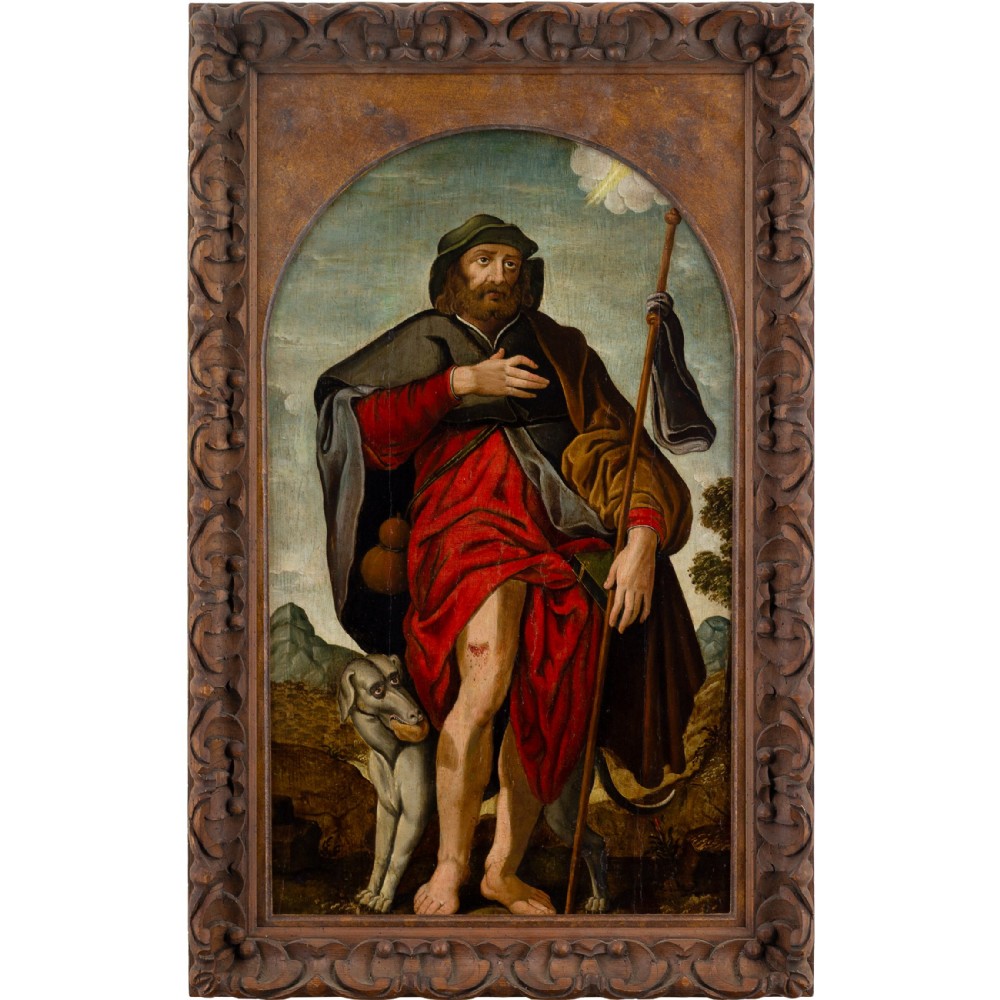 A 16th-century oil painting depicting Saint Roch holding a staff alongside a dog inside a carved wooden frame.