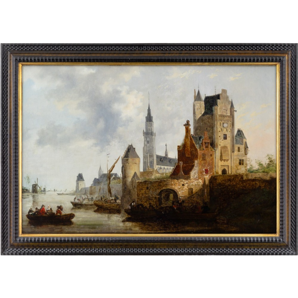 An antique oil painting depicting a fortified town along a river with boats and figures, framed in a dark patterned wood frame with a gold lip.