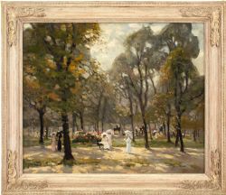 EMILY GLADYS COURT ROI PROMENADING IN HYDE PARK ANTIQUE OIL PAINTING