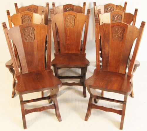 Amazing Set of 8 Gothic Oak Dining Chairs