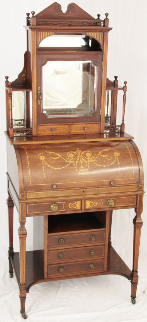 Inlaid Mahogany Cylinder Bureau Cabinet
