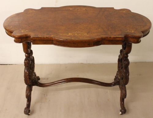 Victorian Inlaid Burr Walnut Stretcher Table