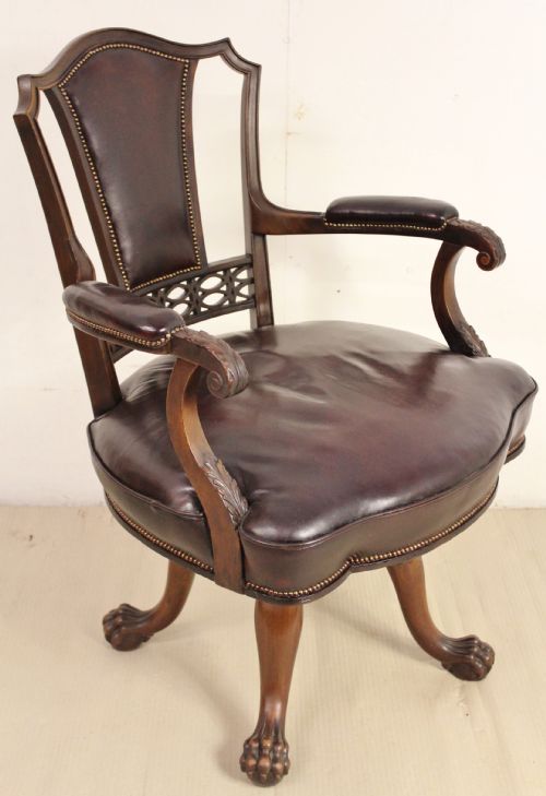 Leather and Mahogany Revolving Desk Chair