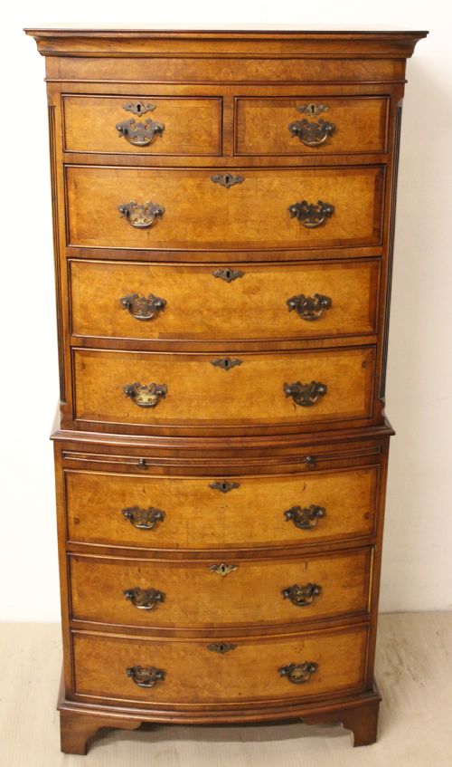 Bow Fronted Burr Walnut Chest on Chest