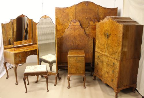 Queen Anne Style Burr Walnut 8 Piece Bedroom Suite