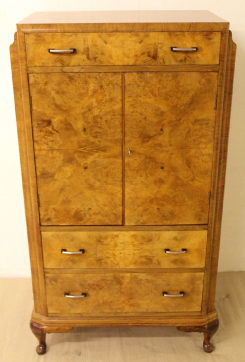 Art Deco Burr Walnut Linen Press