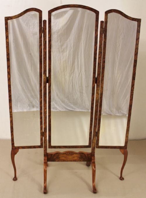 Burr Walnut Triple Plate Cheval Mirror